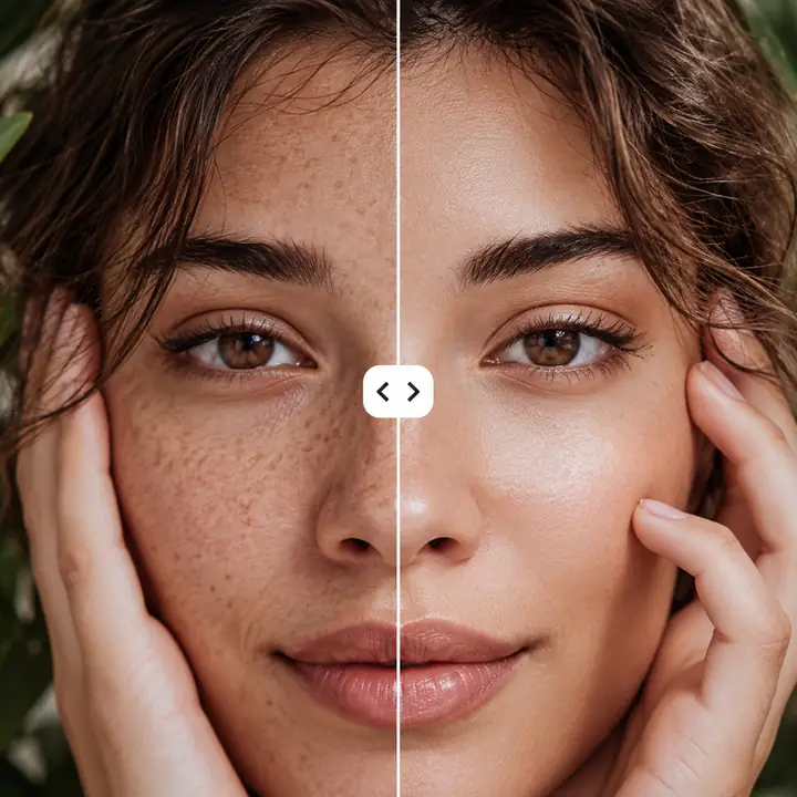 Nahaufnahme eines Gesichts im direkten Vergleich vor und nach der Fotoretusche