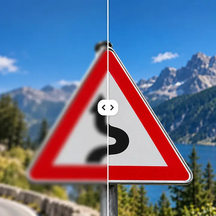 Straßenschild im Vorher-Nachher-Vergleich der Entschärfung von Unschärfe